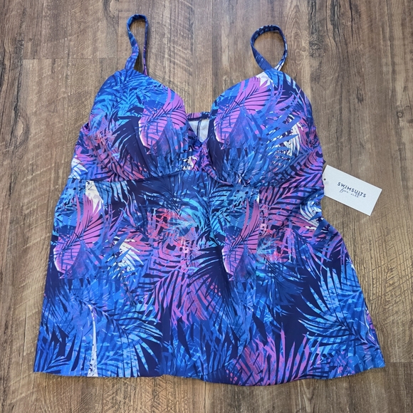 Swimsuits for All Blue Tropical Palm Print Tankini Top Size 42DD NWT - Picture 1 of 9